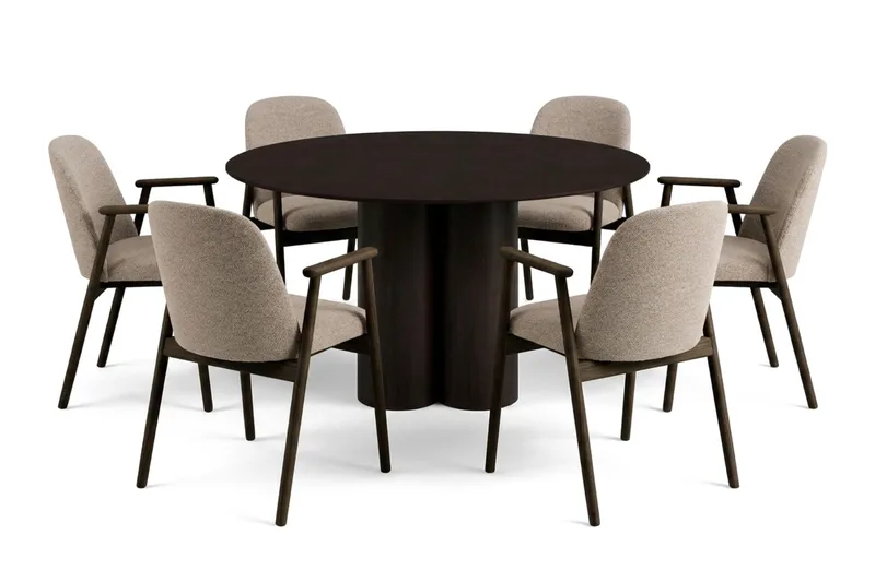 Juno spisegruppe rund 130 cm svart med 6 Reciclar spisestoler, Svart