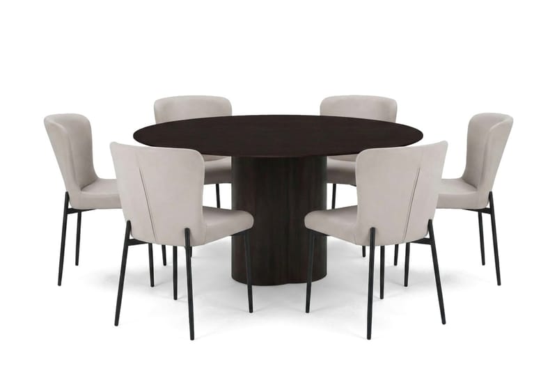 Juno spisegruppe rund 150 cm røkt eik med 6 Elsie spisestoler, Røkt eik/Beige