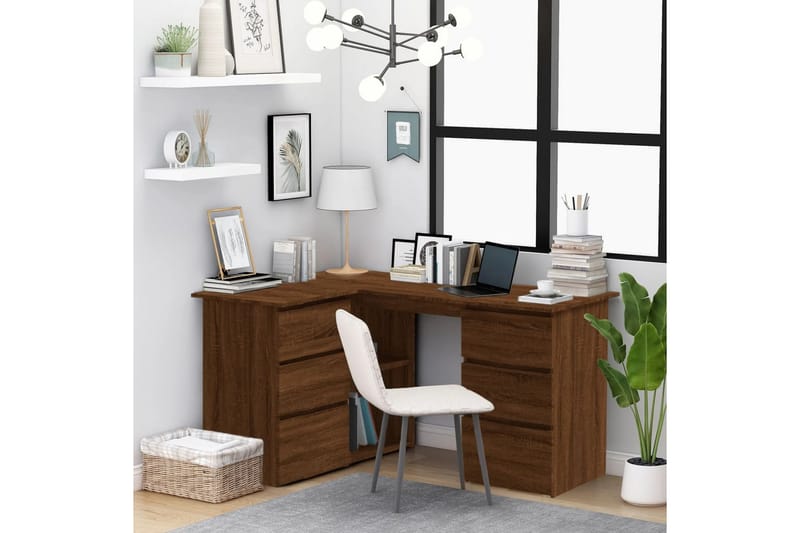 beBasic Hjørnepult brun eik 145x100x76 cm konstruert tre - Brun - Skrivebord - Databord & PC bord