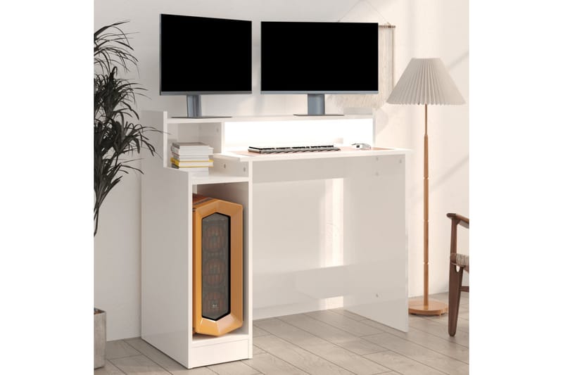 beBasic Skrivebord med LED-lys høyglans hvit 97x90x45 cm konstruert tre - Hvit - Skrivebord - Databord & PC bord
