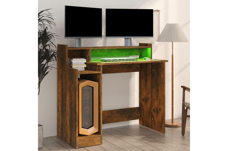 beBasic Skrivebord med LED-lys røkt eik 97x90x45 cm konstruert tre - Brun - Skrivebord - Databord & PC bord