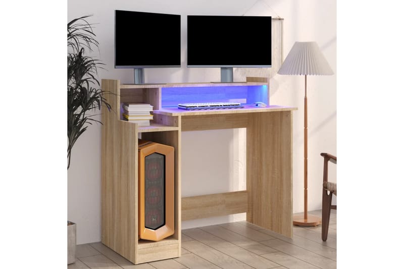 beBasic Skrivebord med LED-lys sonoma eik 97x90x45 cm konstruert tre - Brun - Skrivebord - Databord & PC bord
