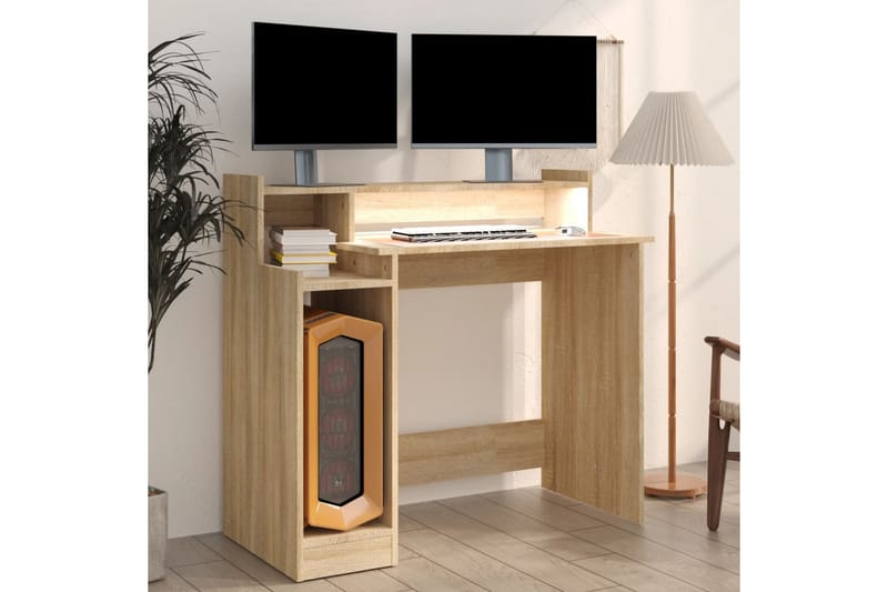 beBasic Skrivebord med LED-lys sonoma eik 97x90x45 cm konstruert tre - Brun - Skrivebord - Databord & PC bord