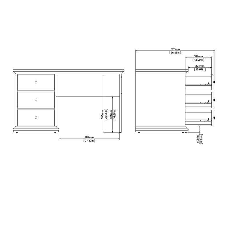 Paris Skrivebord 130 cm med Oppbevaring og Skuffer i Malt Tre - Hvit - Møbler - Bord - Kontorbord - Skrivebord