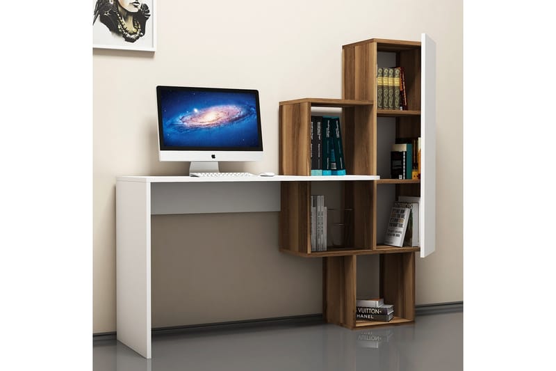 Skrivebord Amtorp 145 cm med Oppbevaringshyller + Skap - Brun/Hvit - Skrivebord - Databord & PC bord