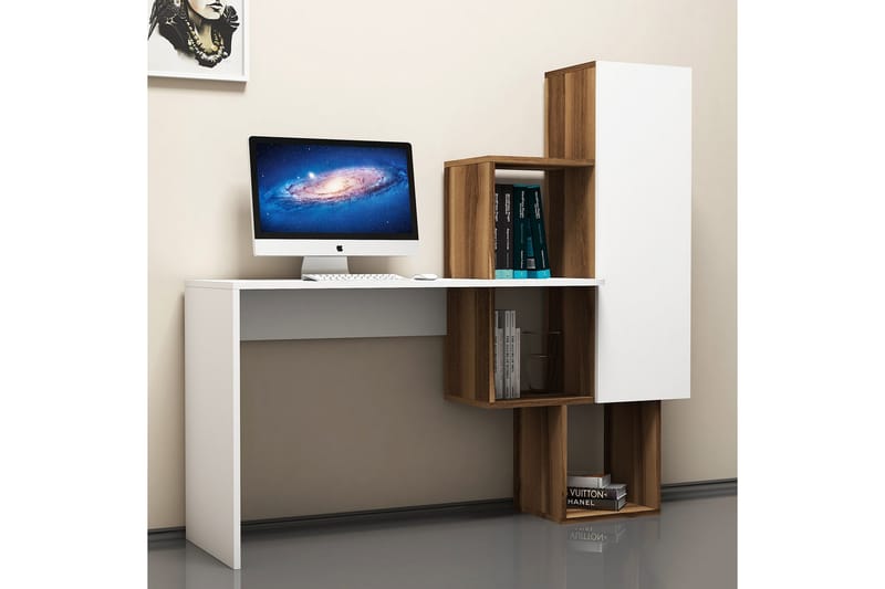 Skrivebord Amtorp 145 cm med Oppbevaringshyller + Skap - Brun/Hvit - Skrivebord - Databord & PC bord