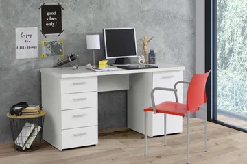 Bowlee Skrivebord 145 cm med Oppbevaring Skap + 4 Skuffer + - Hvit - Møbler - Bord - Kontorbord - Skrivebord