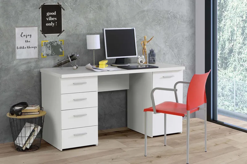 Bowlee Skrivebord 145 cm med Oppbevaring Skap + 4 Skuffer + - Hvit - Møbler - Bord - Kontorbord - Skrivebord