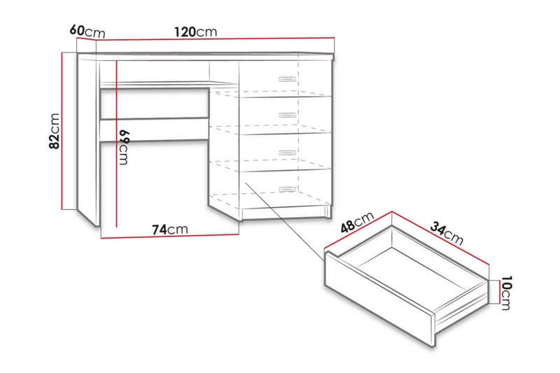 Castillia Skrivebord 120 cm med Oppbevaring 4 Skuffer + Hyll - Hvit - Møbler - Bord - Kontorbord - Skrivebord