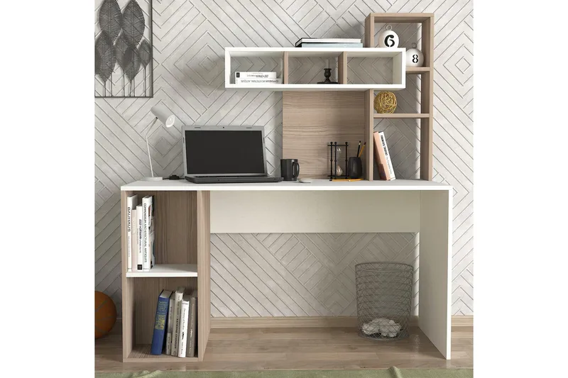 Coralle Skrivebord 140 cm med Oppbevaringshyller - Hvit/Natur - Møbler - Bord - Kontorbord - Skrivebord