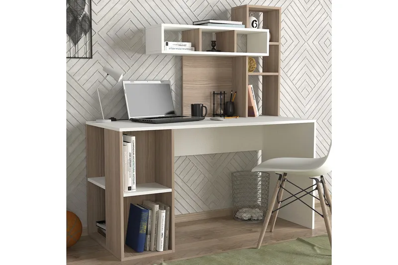 Coralle Skrivebord 140 cm med Oppbevaringshyller - Hvit/Natur - Møbler - Bord - Kontorbord - Skrivebord