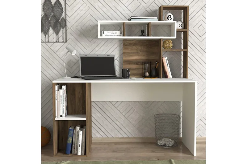 Coralle Skrivebord 140 cm med Oppbevaringshyller - Hvit/Valnøttsbrun - Møbler - Bord - Kontorbord - Skrivebord