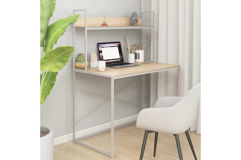 Databord hvit og eik 110x60x138 cm sponplate - Brun - Skrivebord - Databord & PC bord