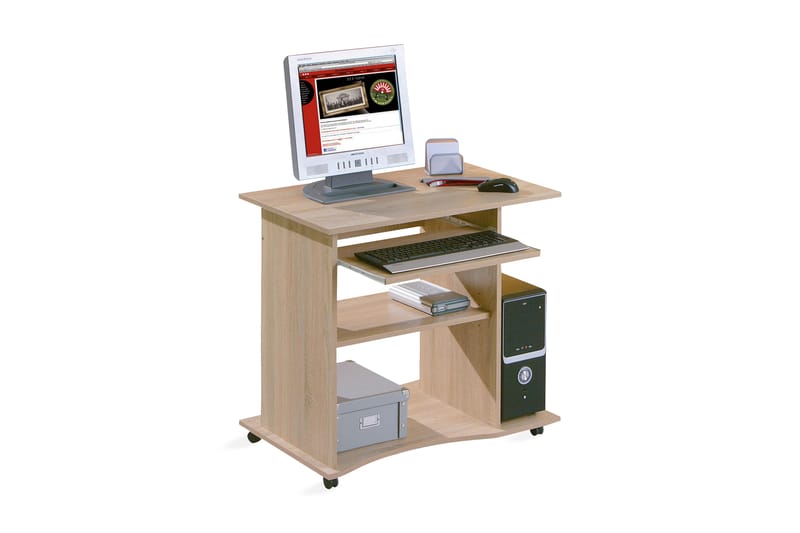 Databord Lyonne 80 cm med Oppbevaring Hyller på Hjul - Lys Eikefarge - Skrivebord - Databord & PC bord