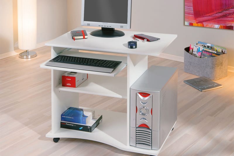 Databord Lyonne 80 cm med Oppbevaring Hyller på Hjul - Hvit - Skrivebord - Databord & PC bord