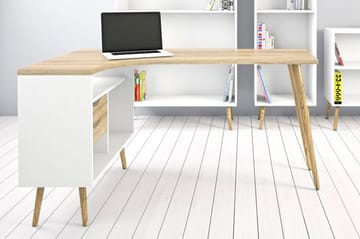 Delta skrivebord 145 cm med oppbevaring skuffer + hyller - Hvit/Natur - Møbler - Bord - Kontorbord - Skrivebord