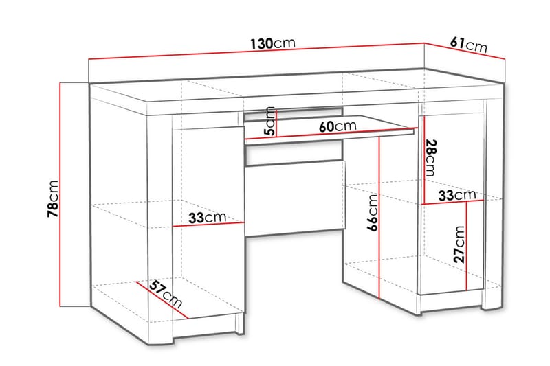 Domardon Skrivebord 130 cm med Oppbevaring 2 Skap - Tre/Hvit - Møbler - Bord - Kontorbord - Skrivebord