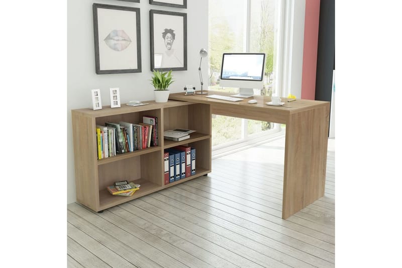 Hjørneskrivebord 4 hyller eik - Brun - Skrivebord - Databord & PC bord