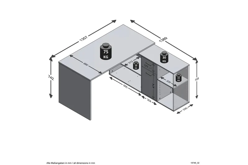Brizleth Hjørneskrivebord 136 cm Buet med Oppbevaring - Brun/Hvit - Møbler - Bord - Kontorbord - Skrivebord - Hjørneskrivebord