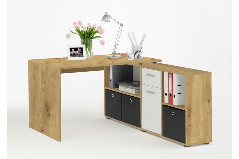 Hjørneskrivebord Hitzman 136 cm Buet med Oppbevaring - Brun/Hvit - Hjørneskrivebord
