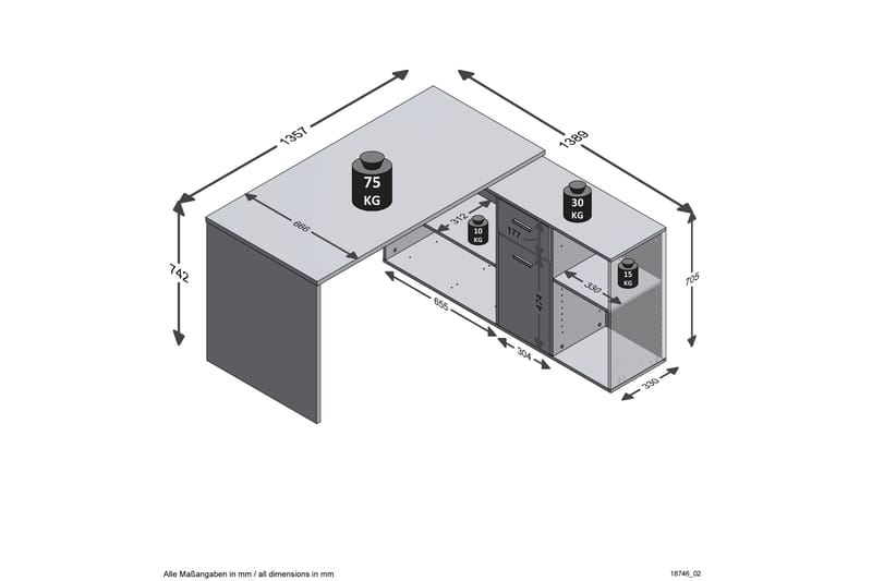 Hjørneskrivebord Hitzman 136 cm Buet med Oppbevaring - Brun/Hvit - Hjørneskrivebord