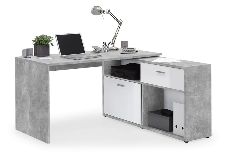 Hjørneskrivebord Imani 138 cm med Justerbar Hylla - HHvit|Betong - Hjørneskrivebord