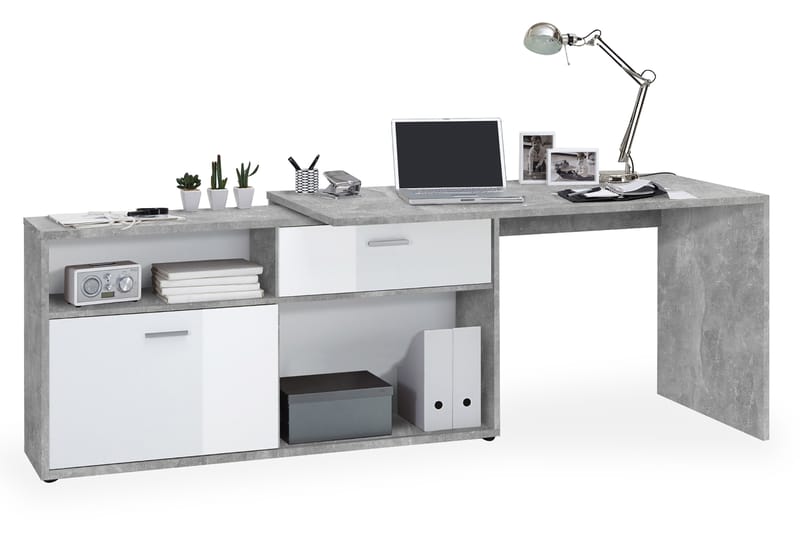 Hjørneskrivebord Imani 138 cm med Justerbar Hylla - HHvit|Betong - Hjørneskrivebord
