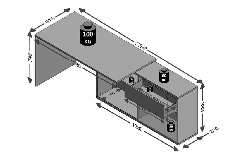 Hjørneskrivebord Imani 138 cm med Justerbar Hylla - HHvit|Betong - Hjørneskrivebord