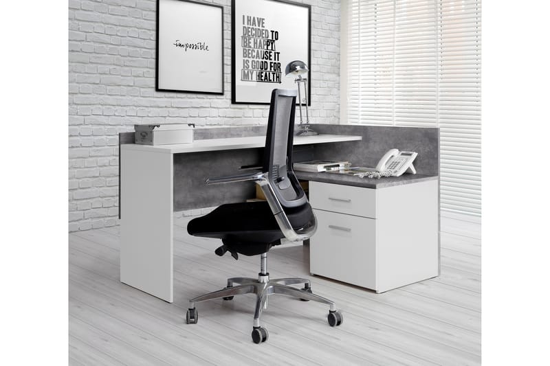 Hjørneskrivebord Skirbeck 112 cm med Oppbevaringshyller + Sk - Hvit/Betonggrå - Hjørneskrivebord