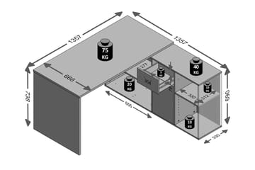 Lexo Hjørneskrivebord 136 cm med Justerbar Hylla - Betong - Møbler - Bord - Kontorbord - Skrivebord - Hjørneskrivebord