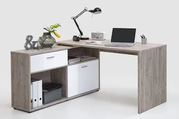 Mamoru Hjørneskrivebord Sandeik/Hvit - Beige|Hvit - Møbler - Bord - Kontorbord - Skrivebord - Hjørneskrivebord