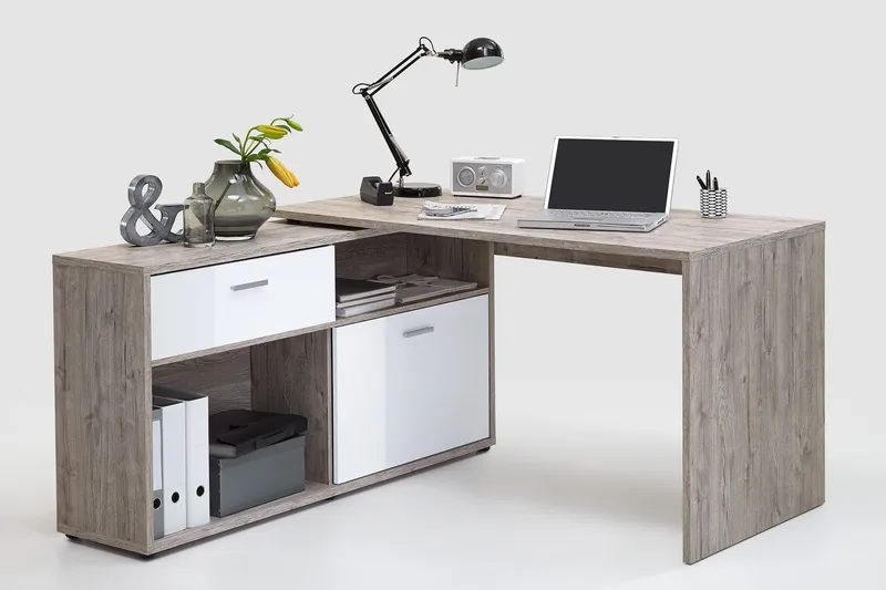 Mamoru Hjørneskrivebord Sandeik/Hvit - Beige|Hvit - Møbler - Bord - Kontorbord - Skrivebord - Hjørneskrivebord