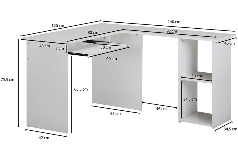 Skrivebord Gaddana 140 cm - Hvit - Hjørneskrivebord