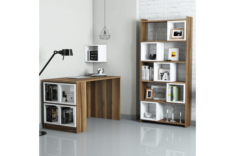Hovdane Skrivebord 12 cm med Oppbevaring Hylle+Vegghylle+Bok - Brun/Hvit - Møbler - Bord - Kontorbord - Skrivebord