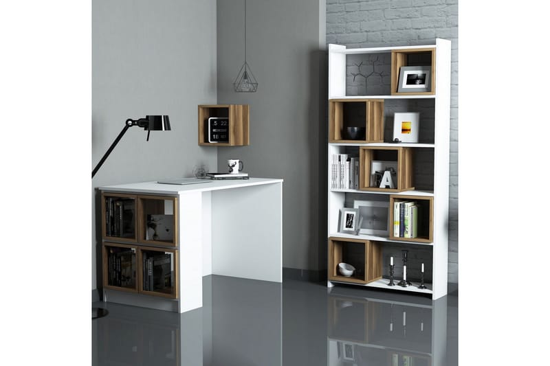 Hovdane Skrivebord 120 cm med Oppbevaring + Vegghylle +, Hvit/Brun