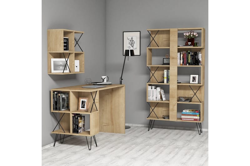 Hovdane Skrivebord 120 cm med Oppbevaring + 2 Bokhyller - Lysebrun/Svart - Møbler - Bord - Kontorbord - Skrivebord