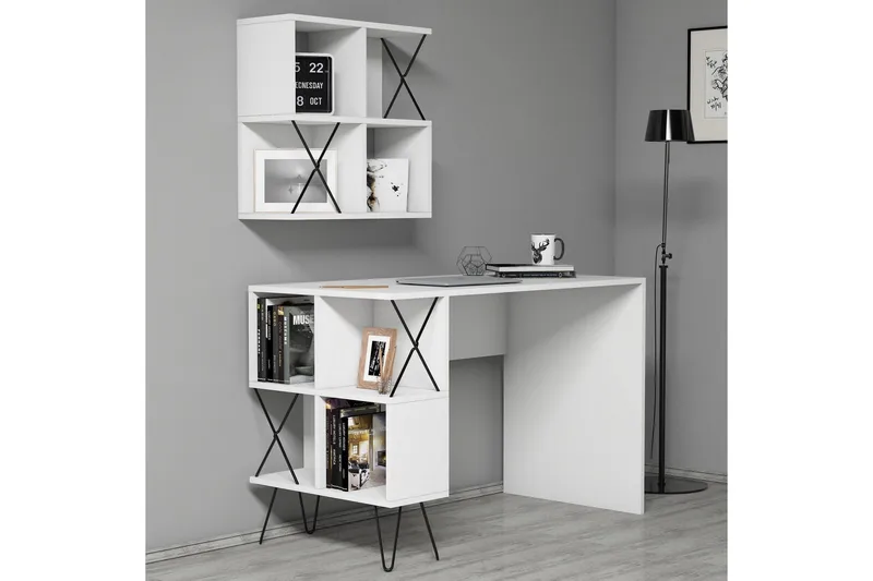 Hovdane Skrivebord 120 cm med Oppbevaring Hylle + Bokhylle L - Hvit/Svart - Møbler - Bord - Kontorbord - Skrivebord