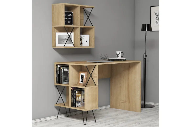 Hovdane Skrivebord 120 cm med Oppbevaring Hylle + Bokhylle L - Lysebrun - Møbler - Bord - Kontorbord - Skrivebord