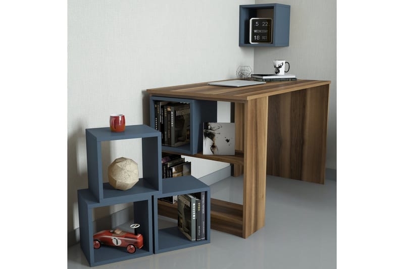 Hovdane Skrivebord 120 cm med Oppbevaring Hylle + Vegghylle - Brun/Blå - Møbler - Bord - Kontorbord - Skrivebord