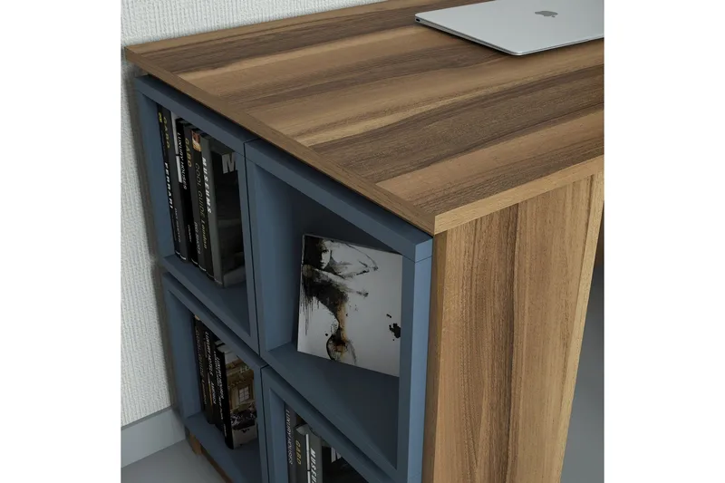 Hovdane Skrivebord 120 cm med Oppbevaring Hylle + Vegghylle - Brun/Blå - Møbler - Bord - Kontorbord - Skrivebord