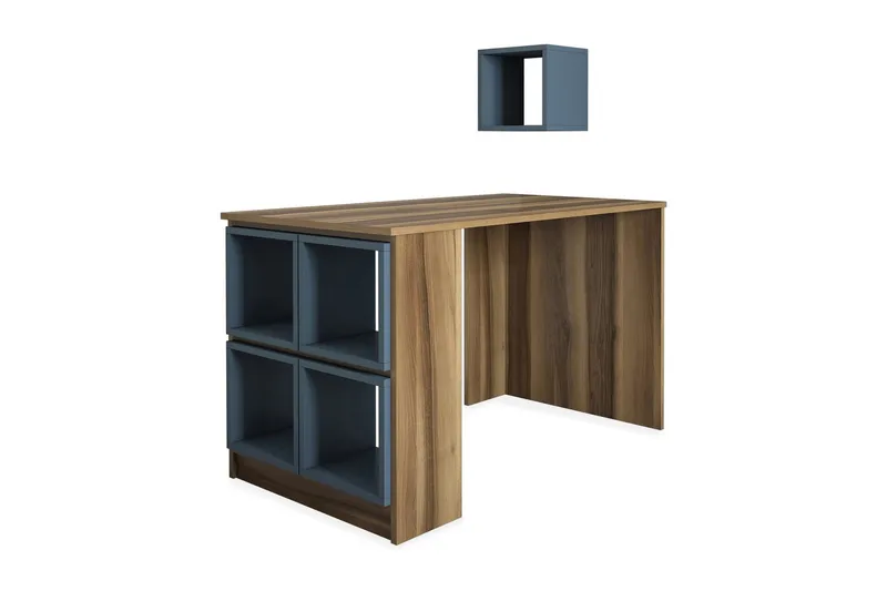 Hovdane Skrivebord 120 cm med Oppbevaring Hylle + Vegghylle, Brun/Blå