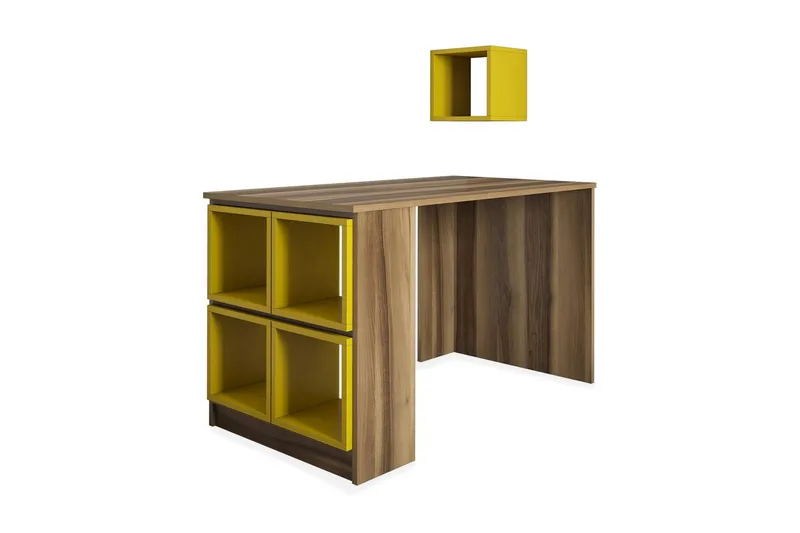 Hovdane Skrivebord 120 cm med Oppbevaring Hylle + Vegghylle - Brun/Gul - Møbler - Bord - Kontorbord - Skrivebord