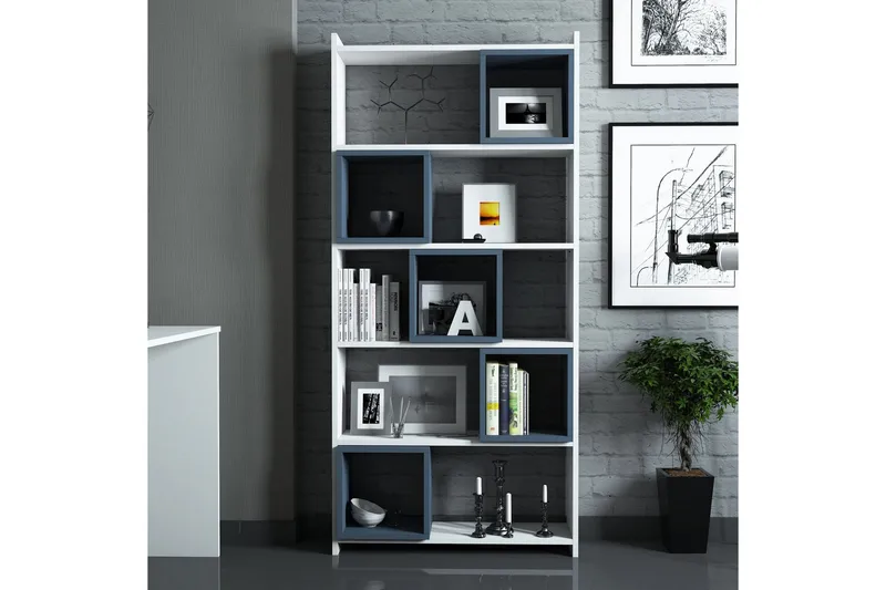 Hovdane Skrivebord 120 cm med Oppbevaring + Vegghylle +, Hvit/Blå