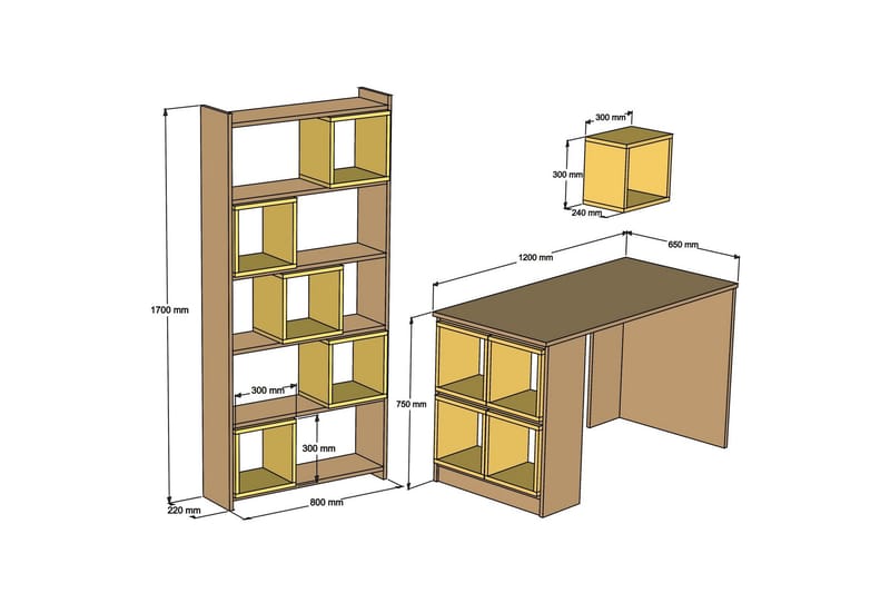 Hovdane Skrivebord 120 cm med Oppbevaring + Vegghylle + - Hvit/Gul - Møbler - Bord - Kontorbord - Skrivebord