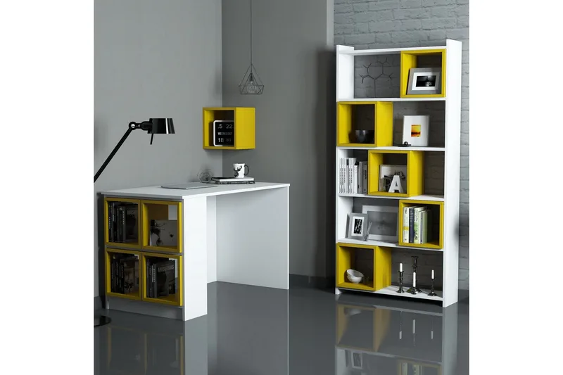 Hovdane Skrivebord 120 cm med Oppbevaring + Vegghylle + - Hvit/Gul - Møbler - Bord - Kontorbord - Skrivebord