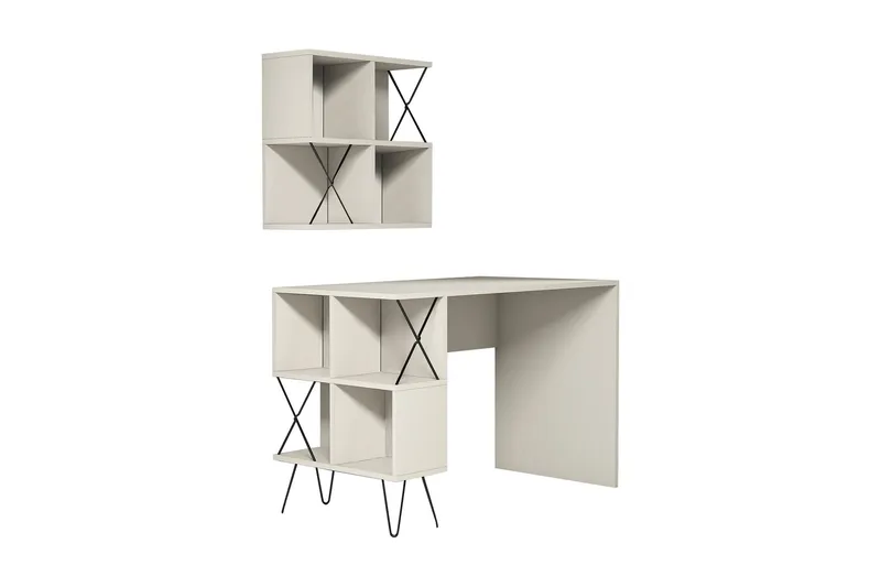Hovdane Skrivebord 120 cm med Oppbevaringshylle + Bokhylle L, Kremhvit/Svart