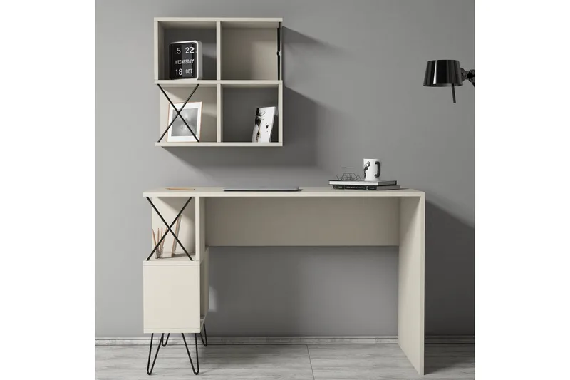 Hovdane Skrivebord 120 cm med Oppbevaringshylle + Bokhylle L - Kremhvit/Svart - Møbler - Bord - Kontorbord - Skrivebord