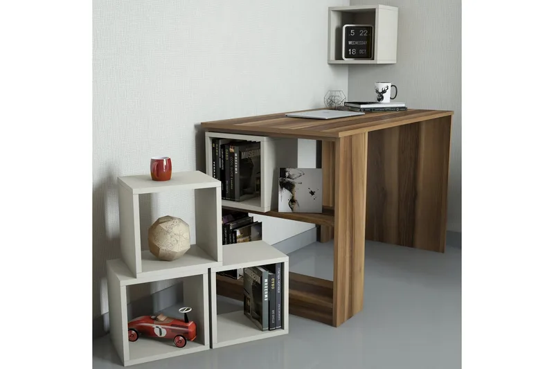 Hovdane Skrivebord 120 med Oppbevaring Hylle + Vegghylle, Brun/Eik