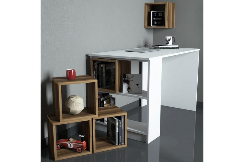 Hovdane Skrivebord 120 med Oppbevaring Hylle + Vegghylle - Hvit/Brun/Eik - Møbler - Bord - Kontorbord - Skrivebord