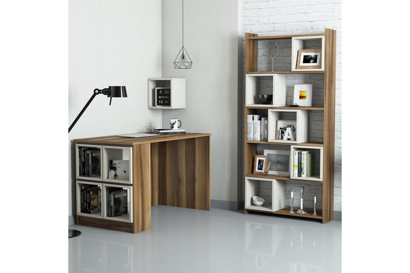 Hovdane Skrivebord 120cm med Oppbevaring Hylle+Vegghylle+Bok - Lysebrun - Møbler - Bord - Kontorbord - Skrivebord